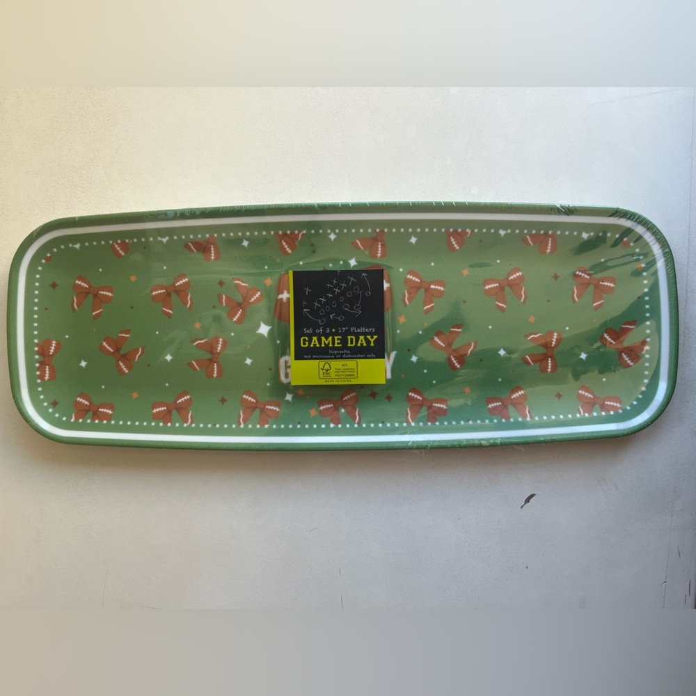 Set of 3 Green Football Themed Platters with bows